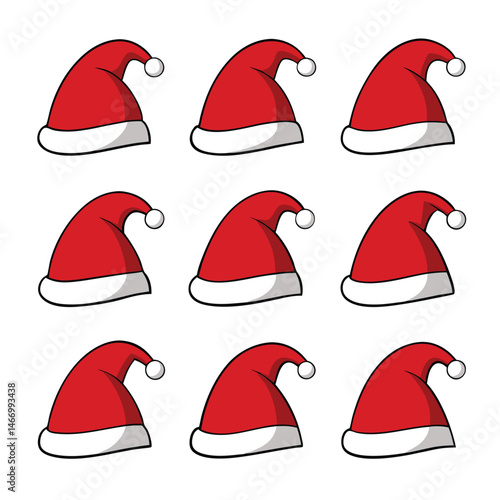 Nine classic Santa hats arranged 