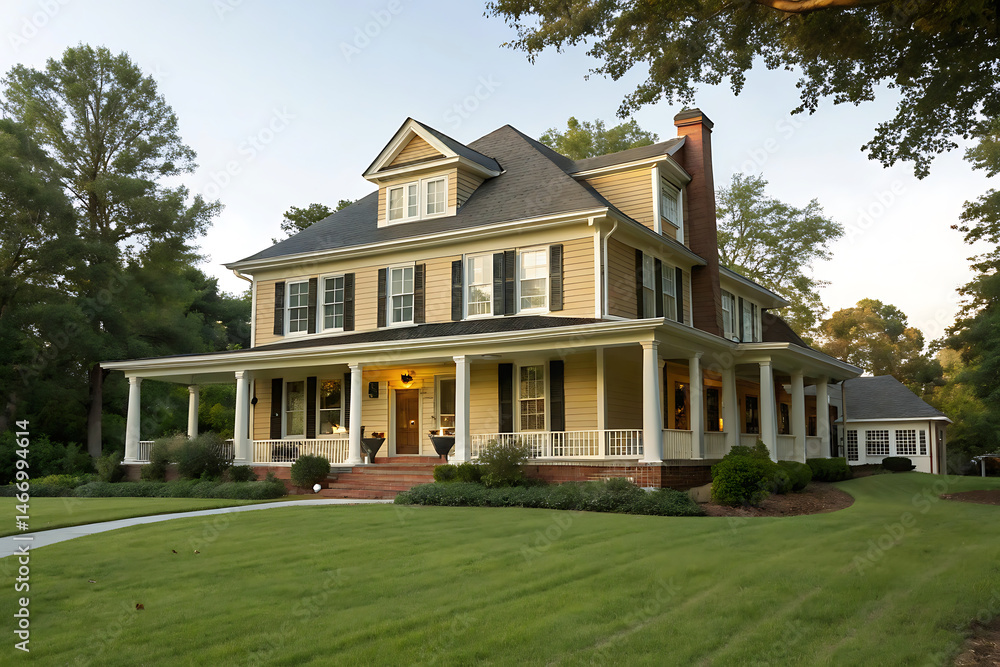 Modern Colonial Style House with Garage and Landscaped Front Yard Modern Colonial Style House with Garage and Landscaped Front Yard