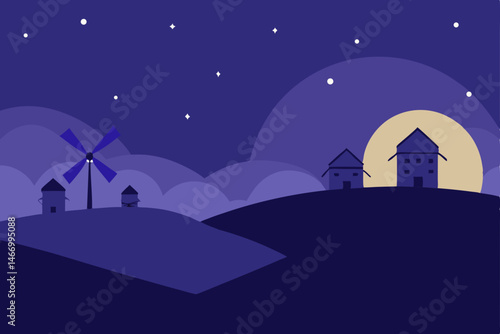 twilight falling over a windmill dotted countrysid 