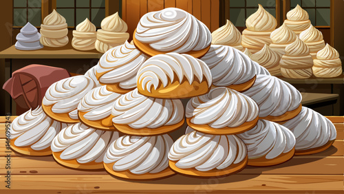 A large pile of white pastries sits on a wooden table