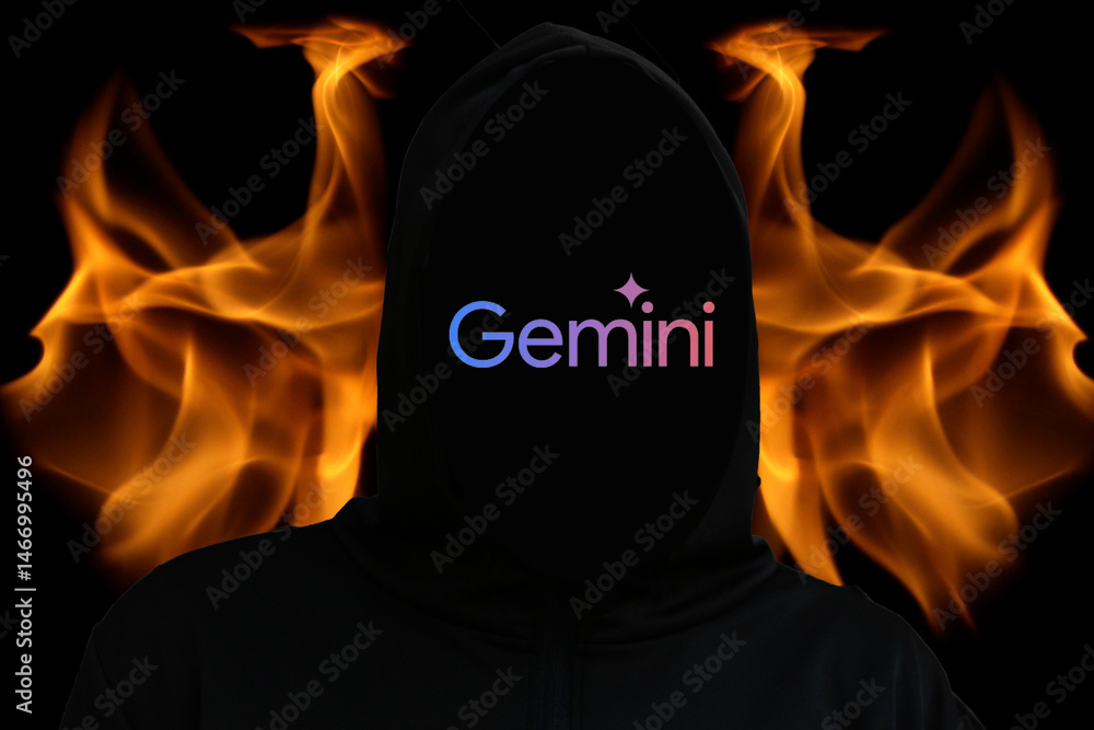 Hacker exploiting Gemini AI for a scam, operating incognito. Digital flame symbolizing an AI-powered scam