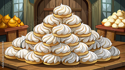 A large pile of white pastries sits on a wooden table