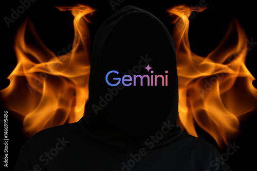 Obraz na płótnie Hacker exploiting Gemini AI for a scam, operating incognito. Digital flame symbolizing an AI-powered scam w salonie