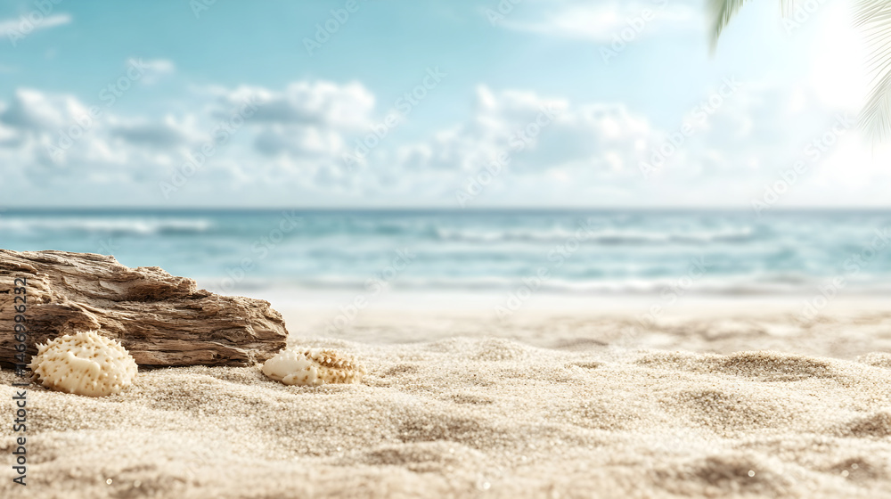 Driftwood and seashells scattered on a sandy beach beside gentle waves Generative AI Driftwood and seashells scattered on a sandy beach beside gentle waves Generative AI