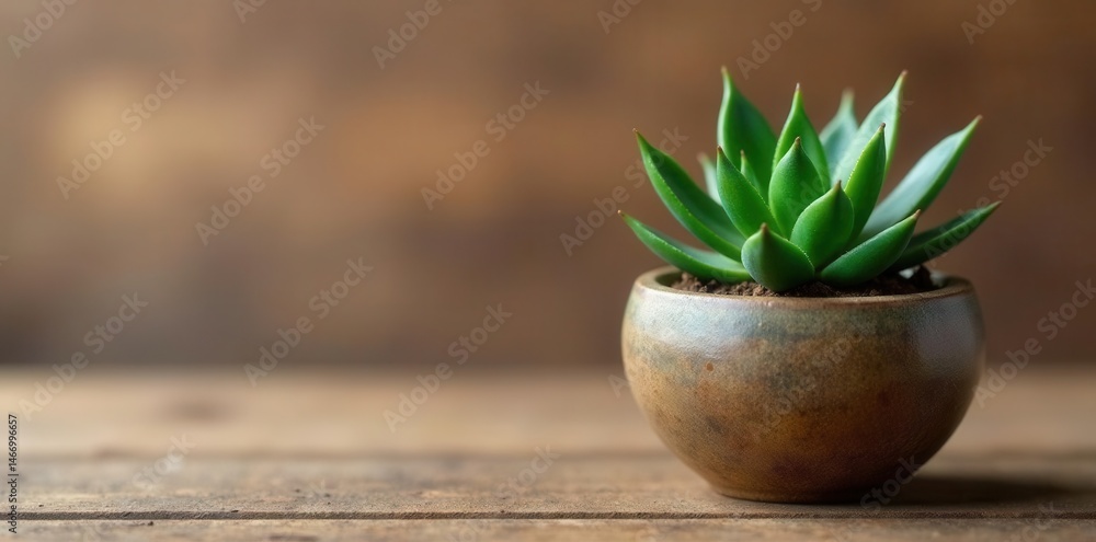 Obraz premium Small aloe vera in ceramic pot, rustic wood surface, healthy, photo