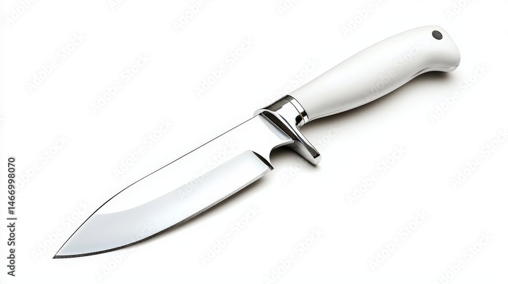 Fototapeta premium A gleaming hunting knife with a polished steel blade and a bright white handle rests on a stark white surface, casting a subtle shadow from its point.