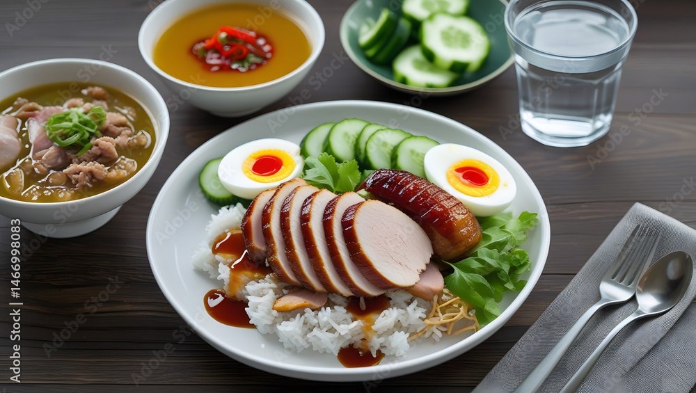 Thai Style Roast Pork with Lava Egg and Soup Thai Style Roast Pork with Lava Egg and Soup