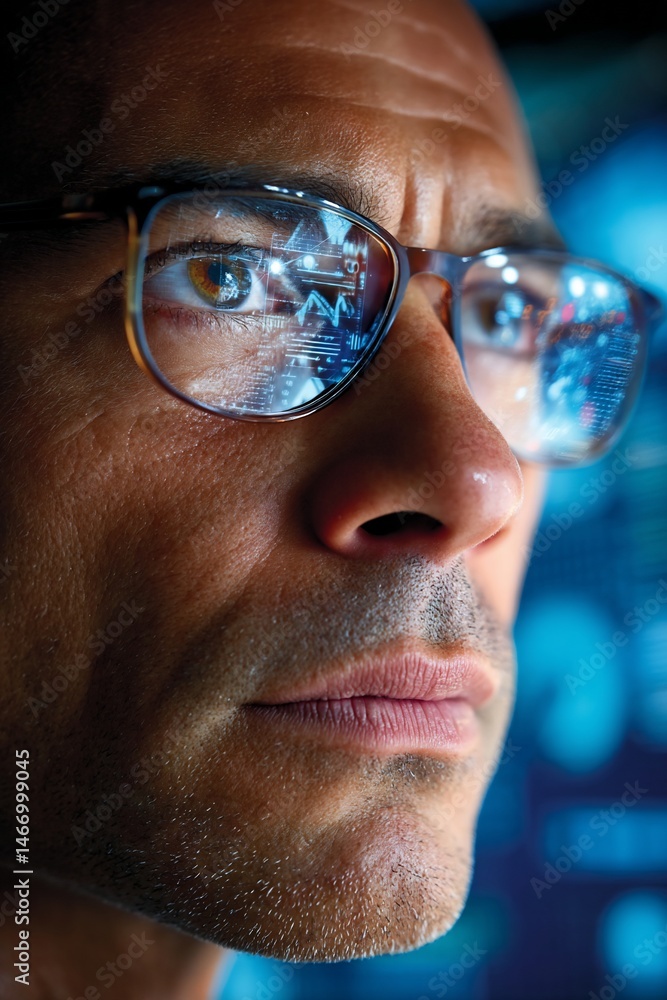 Man in glasses intensely focused on the monitor, illuminated in blue hues Man in glasses intensely focused on the monitor, illuminated in blue hues