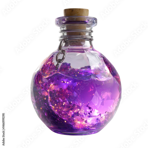 Mystical Purple Potion in Glass Bottle with Cork and Chain Fantasy Elixir Concept