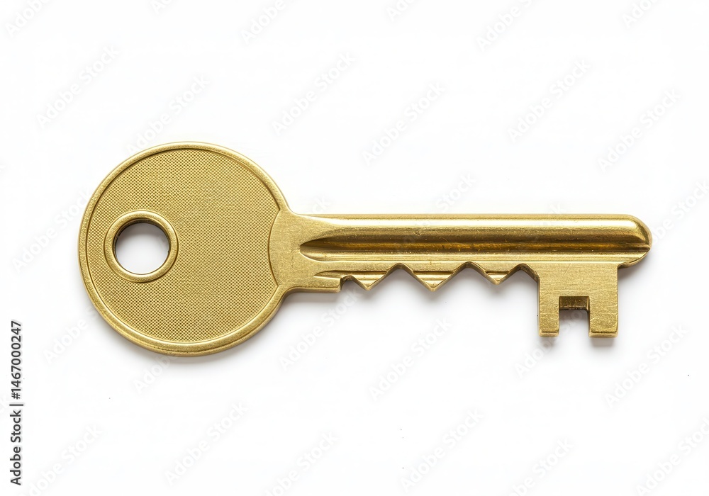 A single golden key with a circular head lying on a white surface in a studio setting close up view A single golden key with a circular head lying on a white surface in a studio setting close up view