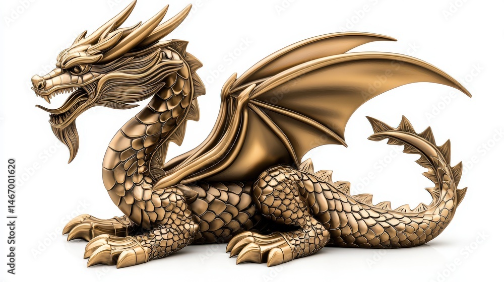 Fototapeta premium An intricately detailed golden dragon statue with majestic wings and powerful claws rests regally on a bright white surface, embodying strength and mythology.