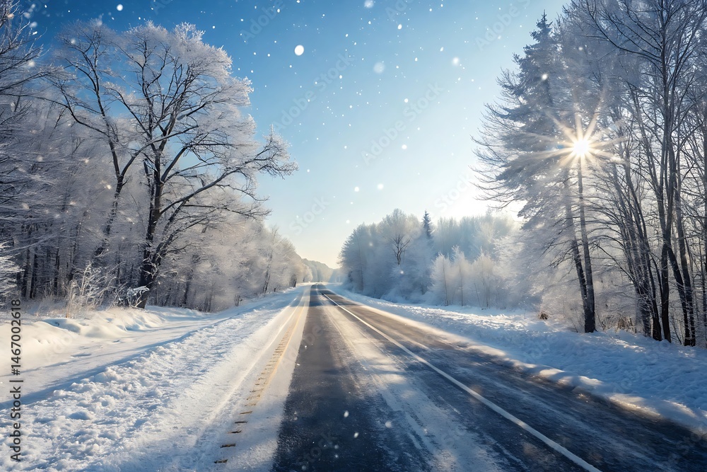 A snowy winter road winds through a cold mountain landscape with frozen trees under a white sky A snowy winter road winds through a cold mountain landscape with frozen trees under a white sky