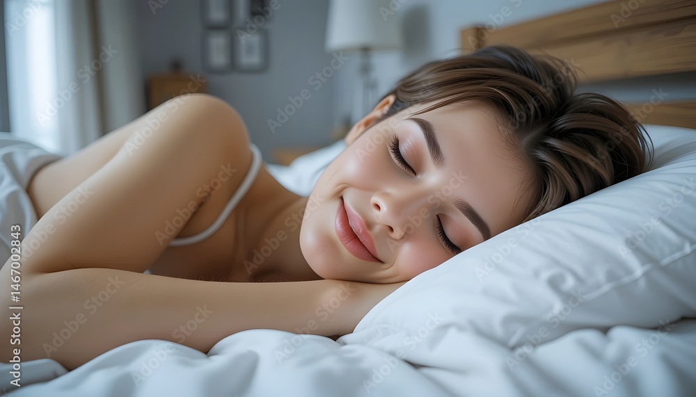 Young woman side sleeping on her bed happily with a little smile on her face - healthy sleep of quality rest and positive good dreams. Consistent sleep schedules, comfortable environment restful night Young woman side sleeping on her bed happily with a little smile on her face - healthy sleep of quality rest and positive good dreams. Consistent sleep schedules, comfortable environment restful night