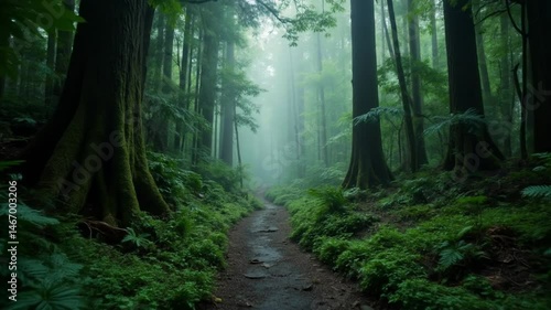 Serene forest pathway surrounded by fog and lush greenery  