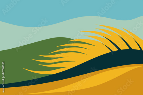 windy hill with tall golden grass and distant 