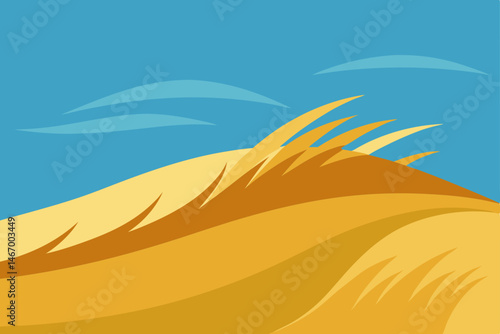 windy hill with tall golden grass and distant 