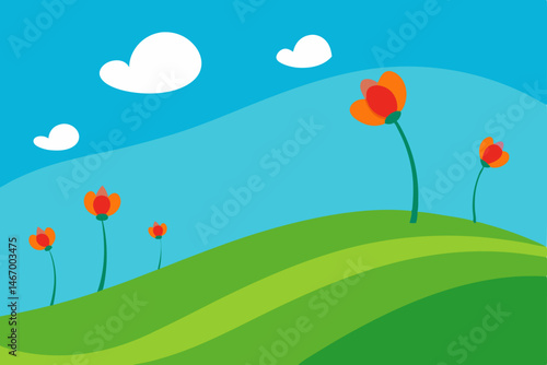 windy hillside with tall flowers swaying beneath 
