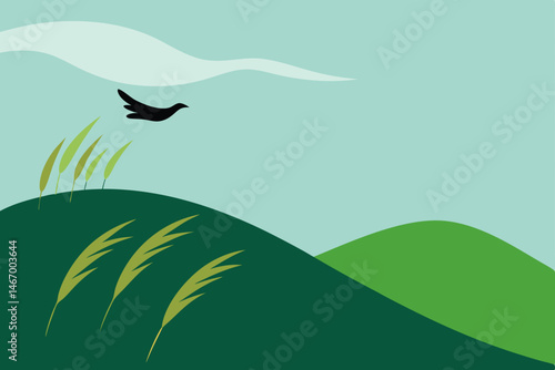 windy hillside with tall grass and a hawk gliding