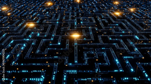 Question marketing risk. A glowing digital maze with illuminated paths and bright nodes, representing technology and data networks.