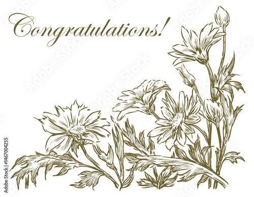 Greeting card with sketches golden chamomiles bunch, vector hand drawn illustration, lettering congratulations