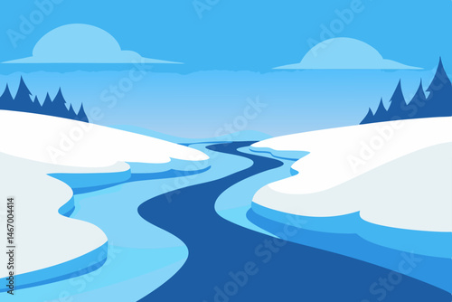 winter creek with snowbanks  icy edges  and low 