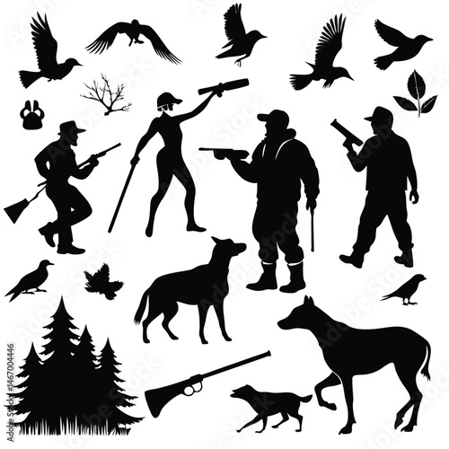  a collection of black silhouettes and illustrations related to hunting, featuring hunters, dogs, various game animals, and birds in flight.