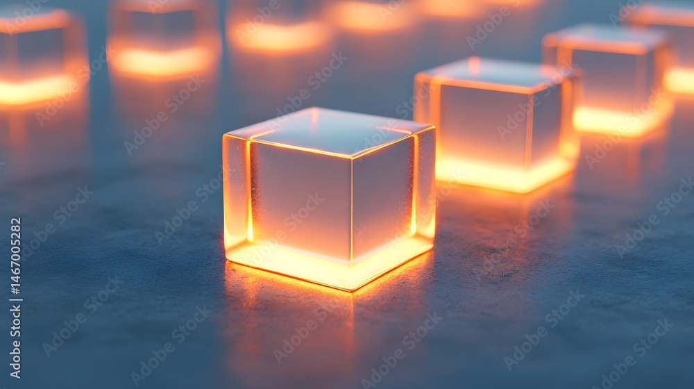 Illuminated Glass Cubes on Dark Surface Illuminated Glass Cubes on Dark Surface