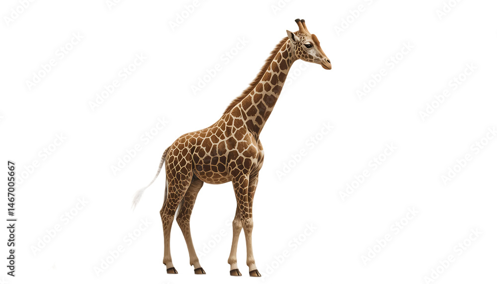 Obraz premium Elegant giraffe standing gracefully against a pristine white background, showcasing its iconic pattern and majestic stature.
