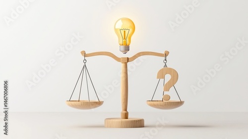 Question marketing risk. A lightbulb atop a wooden balance scale with a question mark symbolizes decision-making, ideas, and weighing options.