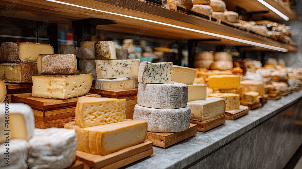 Fototapeta premium An inviting cheese shop with shelves filled with an assortment of cheeses, showcasing a variety of textures, colors, and flavors ready to be chosen
