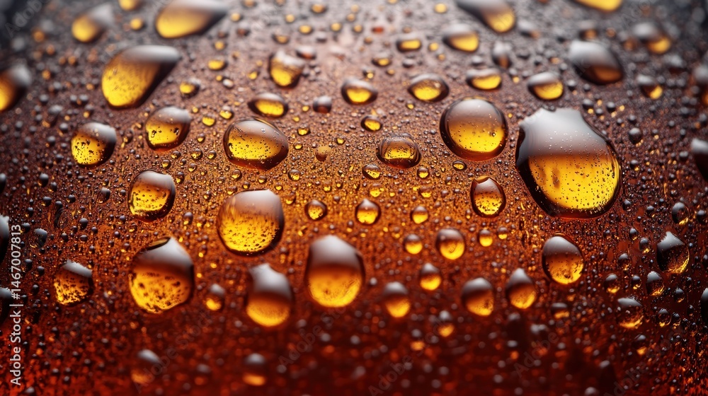 Close-up of water droplets on a dark amber surface Close-up of water droplets on a dark amber surface