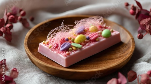Wallpaper Mural A beautifully styled pink chocolate bar with delicate angel hair strands and colorful candy decorations on a wooden plate Torontodigital.ca