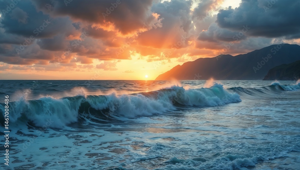 Fototapeta premium Vibrant Ocean Waves at Sunset Under a Dramatic Cloudy Sky