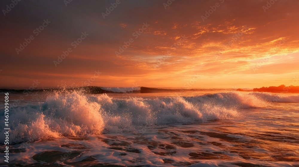 Fototapeta premium A breathtaking orange sunset over the ocean, with waves gently rolling in and the sky glowing in shades of gold and tangerine