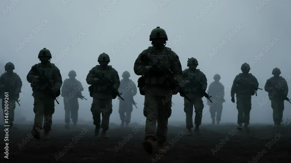 Soldiers in combat gear advancing through dense fog on a mission, silhouetted figures suggesting teamwork, bravery, and the challenges of military operations in conflict zones or defense Soldiers in combat gear advancing through dense fog on a mission, silhouetted figures suggesting teamwork, bravery, and the challenges of military operations in conflict zones or defense
