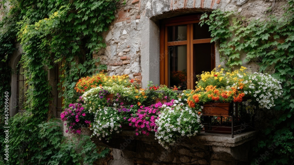 Naklejka premium A charming balcony overflowing with vibrant flowers beneath a rustic window framed by ivy-covered walls, perfect summer vibe