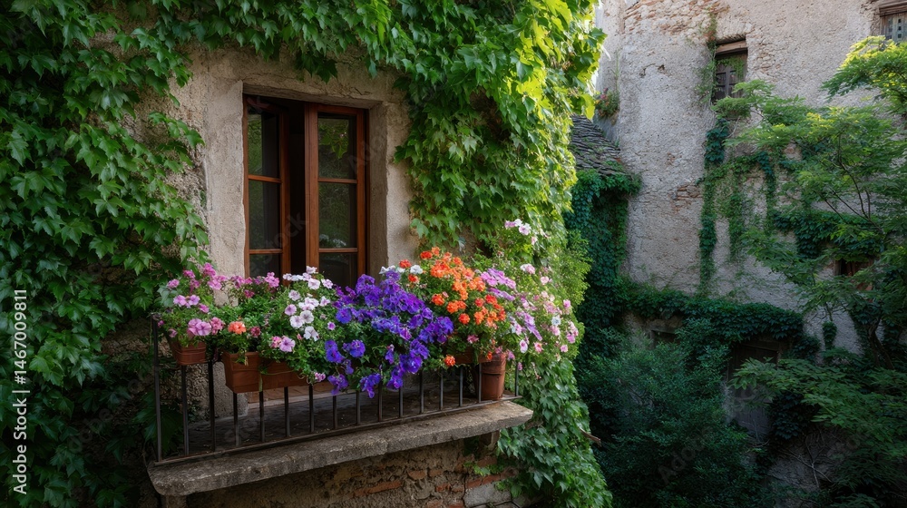 Naklejka premium A charming balcony overflowing with vibrant flowers beneath a rustic window framed by ivy-covered walls, perfect summer vibe