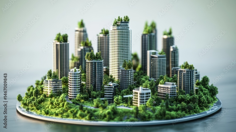 Eco-friendly futuristic city model with green buildings and trees on a small island. Eco-friendly futuristic city model with green buildings and trees on a small island.