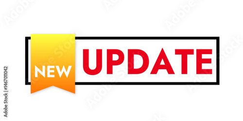 vector banner sticker template with new update with red text with check mark on white background