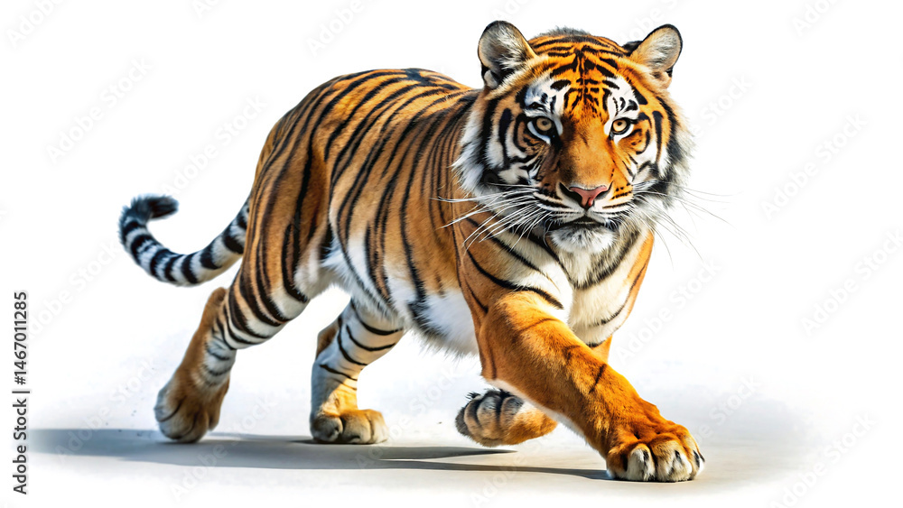 Obraz premium Powerful Tiger in Action against a White Background