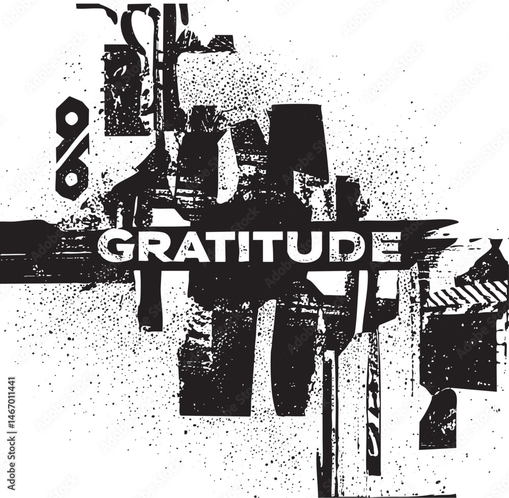 Obraz premium A stark black and white depicts the word 'Gratitude' overlaid with abstract geometric shapes.