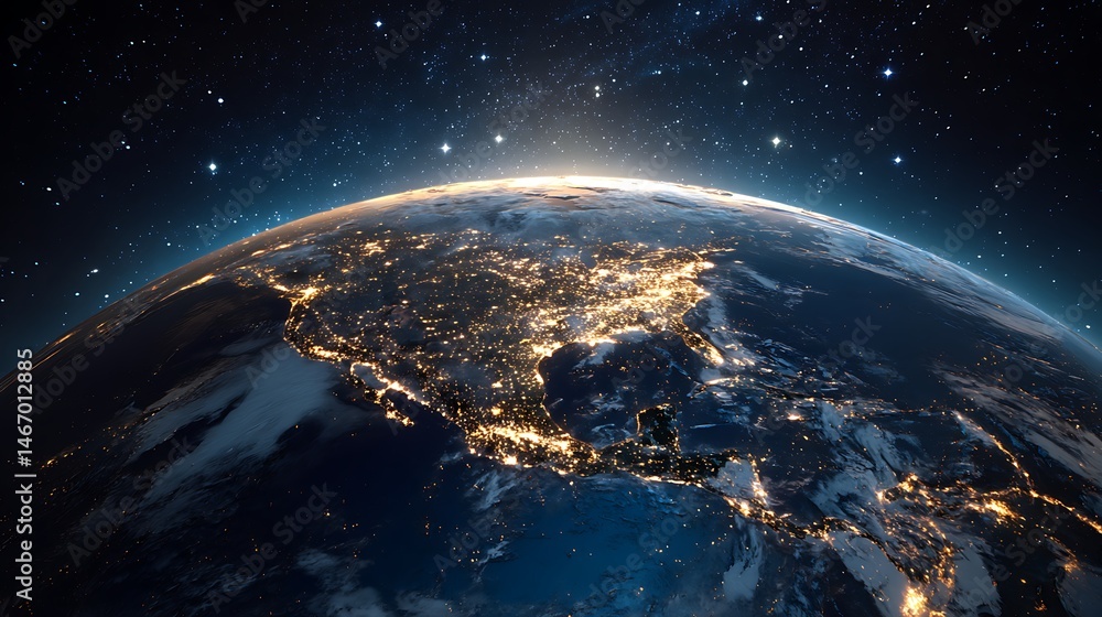 Obraz premium Glowing earth from space north america at night with city lights and celestial digital illustration
