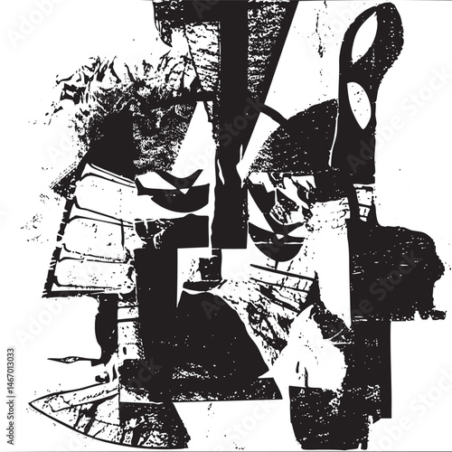 A collection of fragmented warrior figures stands in stark contrast against a white background.