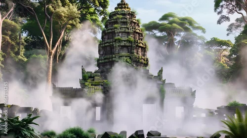 Ancient temple in jungle with misty atmosphere and dense green foliage