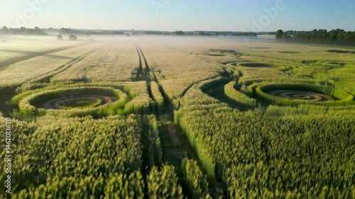 Aerial view of mysterious crop circles in a large green field at dawn.