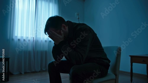 Anxious man in dark room sitting and covering face with hands in distress