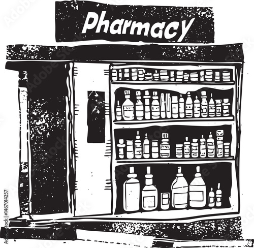 A black and white depicts a pharmacy shelf stocked with various medicine bottles.