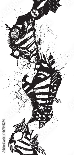 A stylized fragmented skeleton emerges from a textured surface.