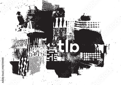 Abstract black and white featuring layered shapes and .