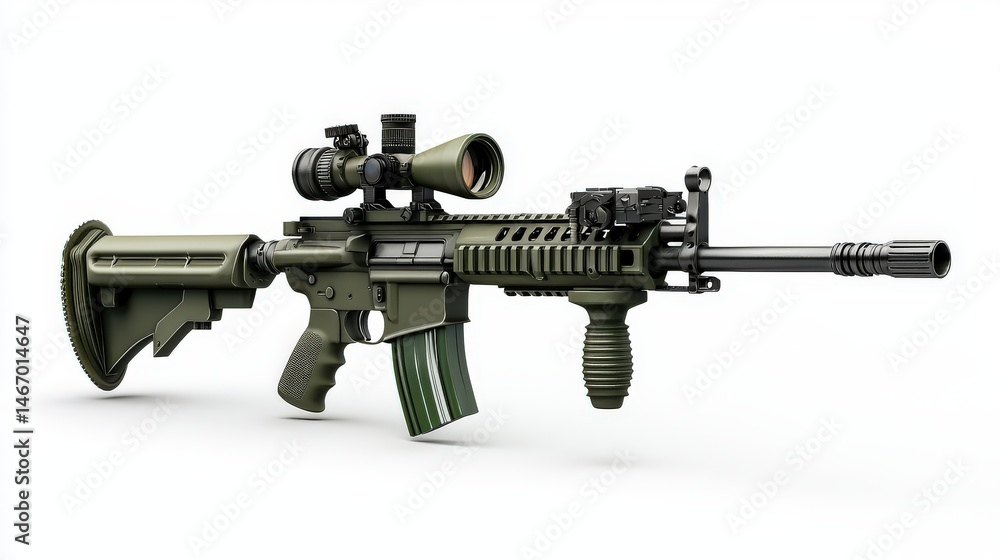 Olive green assault rifle with scope and grip on a white background showcasing its tactical design and components for military or recreational use and hobbyists. Olive green assault rifle with scope and grip on a white background showcasing its tactical design and components for military or recreational use and hobbyists.
